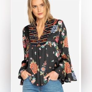 Johnny Was Velvet Trim Bell Sleeve Floral Print Blouse XL